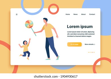 Dad giving candy to son. Huge lollypop, sweet snack, child, kid. Flat vector illustration. Childhood, amusement, entertainment concept for banner, website design or landing web page