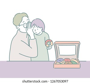 Dad is giving a gift to his daughter with a donut and whispering. hand drawn style vector design illustrations.