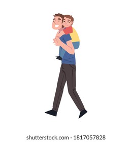 Dad Giving his Little Son Piggyback Ride, Father and his Kid Having Good Time Together Cartoon Style Vector Illustration