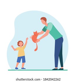 Dad giving red cat to little sun. Pet adoption, parent and child flat vector illustration. Animal care, family concept for banner, website design or landing web page