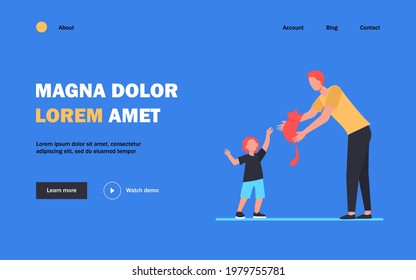 Dad giving red cat to little sun. Pet adoption, parent and child flat vector illustration. Animal care, family concept for banner, website design or landing web page