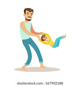 Dad Giving A Swing To His Son, Loving Father Enjoying Good Quality Daddy Time With Happy Kid