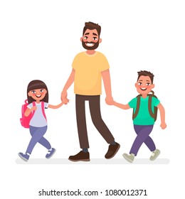 Dad goes with the kids to school. Primary school children and father together. Vector illustration in cartoon style