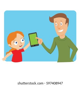 A dad guide his child how to use smart phone