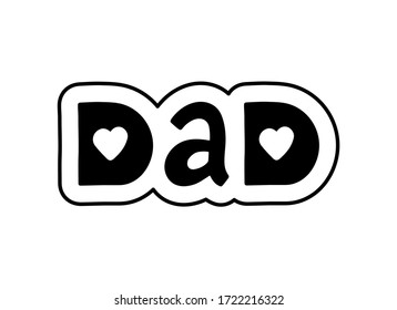 Papá. Ilustración de letras vectoriales dibujada a mano. Texto vectorial negro con corazones aislados en fondo blanco. 