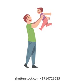 Dad Having Fun with His Kid, Happy Father and His Child Spending Time Together Cartoon Style Vector Illustration