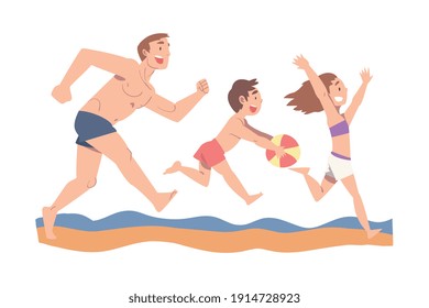 Dad Having Fun with his Kids on the Beach, Happy Father, His Son and Daughter Spending Time Together Cartoon Style Vector Illustration