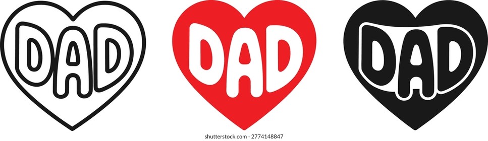 Dad heart typography icon set. Father love and family appreciation symbol in outline, flat and solid style