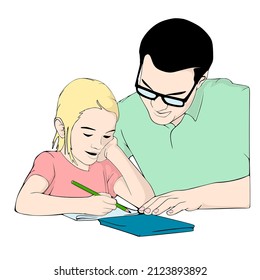 Dad helping her daughter with homework.