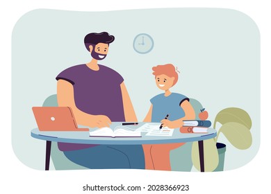 Dad helping his son doing his homework. Flat vector illustration. Parent and child sitting at table, teaching with books, laptop, boy reading and writing. Home education, parenting, support concept