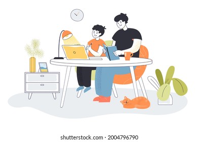 Dad helping son with school homework. Father reading book and teaching small kid at table at home flat vector illustration. Family, online education concept for website design or landing web page