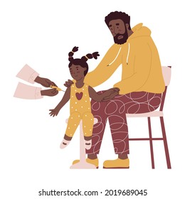 Dad helps daughter get vaccinated. Childhood vaccination, pandemic. Flat style in vector illustration. Family day, child education, single father, black skin people. Isolated. Routine medical care.