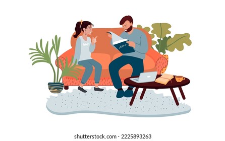 Dad helps daughter with school lesson in the comfort of home. Cartoon characters sitting on the sofa, a table with a laptop, a book , indoor plants.Vector flat illustration.Education,guidance concept.