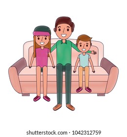 dad with her son and daughter sitting in the sofa vector illustration
