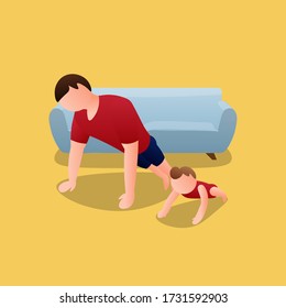 Dad and his baby doing exercise at home. Exercise in the living room in front of their sofa. Stay healthy at home during quarantine.