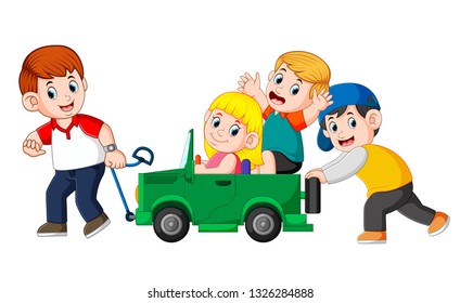 Dad and his child playing with big toy car