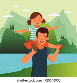 Dad and his daughter, having fun. Happy family vector concept. Cute girl sits on the shoulders of his father. Summer mountain landscape background