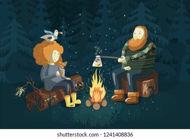 Dad with his daughter are sitting on log near campfire. Vector illustration of a family camping in park. Cartoon style.