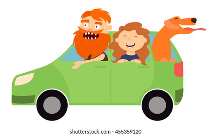 Dad With His Daughter , A Trip By Car , A Dog , A Happy Family , Vector