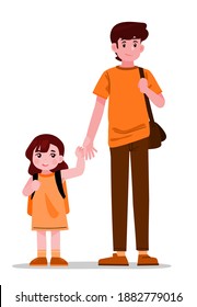 Dad and his daughter walked hand in hand to study and go to work.