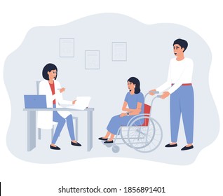 Dad and his disabled daughter at a pediatrician. Girl in a wheelchair. An doctor conducts a conversation before the examination. Flat vector illustration.
