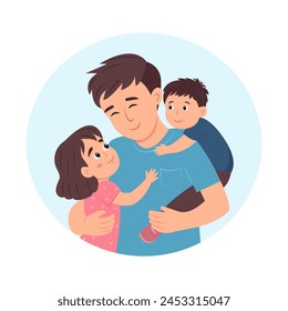 Dad with his son and daughter in his arms. Greeting card for the holiday. Happy fathers day congratulations vector illustration.