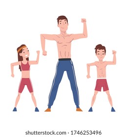 Dad, his Son and Daughter Doing Sports Exercise, Family Members Spending Joyful Time Together Cartoon Vector Illustration on White Background