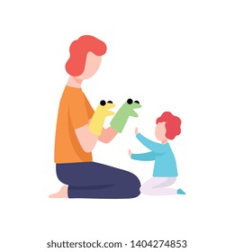 Dad and His Son Having Fun with Puppet Toys, Father Having Good Time with His Kid Vector Illustration