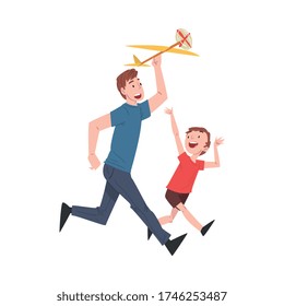 Dad and his Son Launching Model of Airplane, Family Members Spending Joyful Time Together Outdoors Cartoon Vector Illustration Isolated on White Background