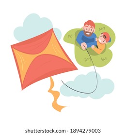 Dad and His Son Playing Kite Outdoors, Top View of Smiling Man and Boy Watching at Flying Kite, Family Spending Time Together Outdoors Cartoon Style Vector Illustration