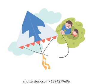 Dad and his Son Playing Kite Outdoors, View from Above of Man and Boy Watching at Flying Kite Cartoon Style Vector Illustration