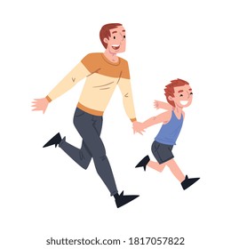 Dad and his Son Running Together Holding Hands, Father and his Kid Having Good Time Together Cartoon Style Vector Illustration