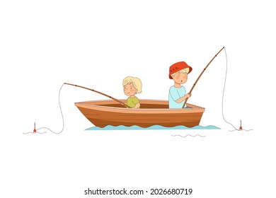 Dad With His Son Sailing On Boat With Fishing Rod And Catching Fish Vector Illustration