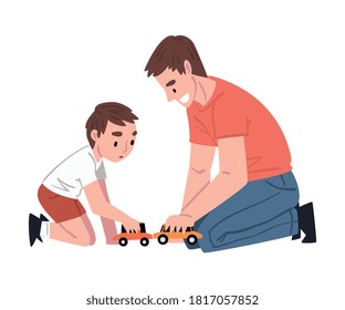 Dad And His Son Sitting On Floor Playing Toy Cars, Father And His Kid Having Good Time Together Cartoon Style Vector Illustration