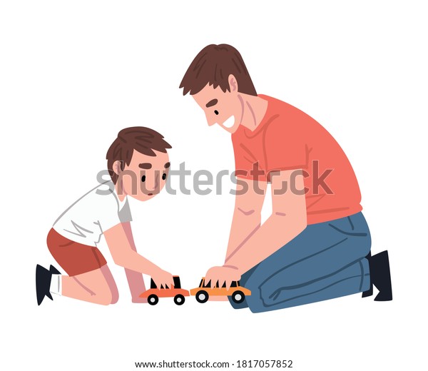 Dad and his Son Sitting on Floor Playing Toy\
Cars, Father and his Kid Having Good Time Together Cartoon Style\
Vector Illustration