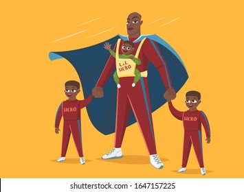 Dad with his three children plays in superheroes, Happy father's day vector illustration