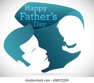 Dad hold in arms and look at his baby in abstract shape with greeting message for Father's Day.