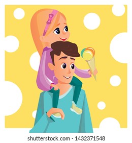 Dad Hold Daughter on Back. Little Girl with Icecream in Hand Piggyback Vector Illustration. Father Day Celebration Greeting Card. Happy Childhood. Family Relationship. Fatherhood Care.