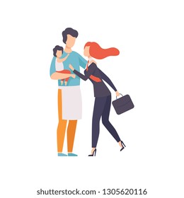 Dad Holding Baby Meeting Mother After Work, Househusband and Business Woman, Equality, Freedom, Civil Rights, Independence Vector Illustration