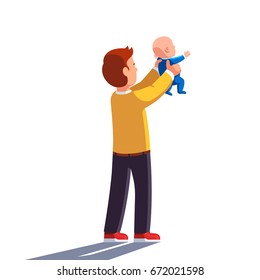 Dad Holding Baby Son In Both Hands And Raising Him High. Father Lifting New Heir Newborn Child Up In The Air Showing Him The World. Flat Style Vector Illustration Isolated On White Background.