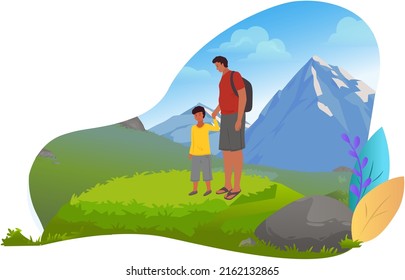 Dad holding boys hand. Family walking in city park together. Parents and children, outdoor activity concept. Family leisure. Man stands with his son on green hill with big mountaine on background