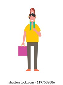 Dad holding daughter on shoulders vector illustration isolated on white. Father and little girl smiling and having fun together, happy family kid and parent