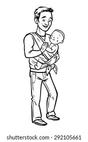 Dad holding his baby in a sling. vector illustration isolated background