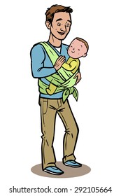 Dad holding his baby in a sling. vector illustration isolated background