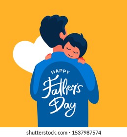 Dad holding his child vector flat illustration with hand lettering typography text on his back for Happy father's day poster background template design