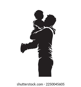 Dad holding his son in his arms. Parenting.  Isolated vector silhouette, ink drawing