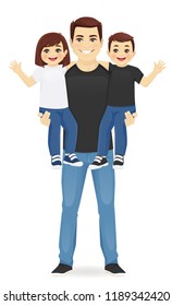 Dad holding his son and daughter. Happy Father Day vector illustration