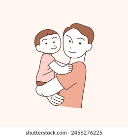 a dad is holding his son. they look alike. hand drawn style vector illustration. 