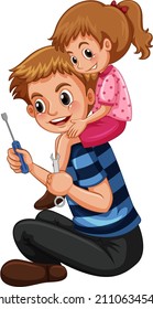 Dad holding screwdriver and wrench with cute daughter illustration