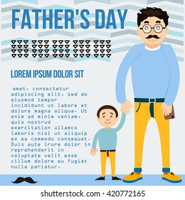 Dad holding son by the hand. Dad and son. A man with a mustache wearing glasses.  pastel colors. Father and son banner. Father's Day. Dad's day. Happy Fathers Day. father with kid. Parent and child.